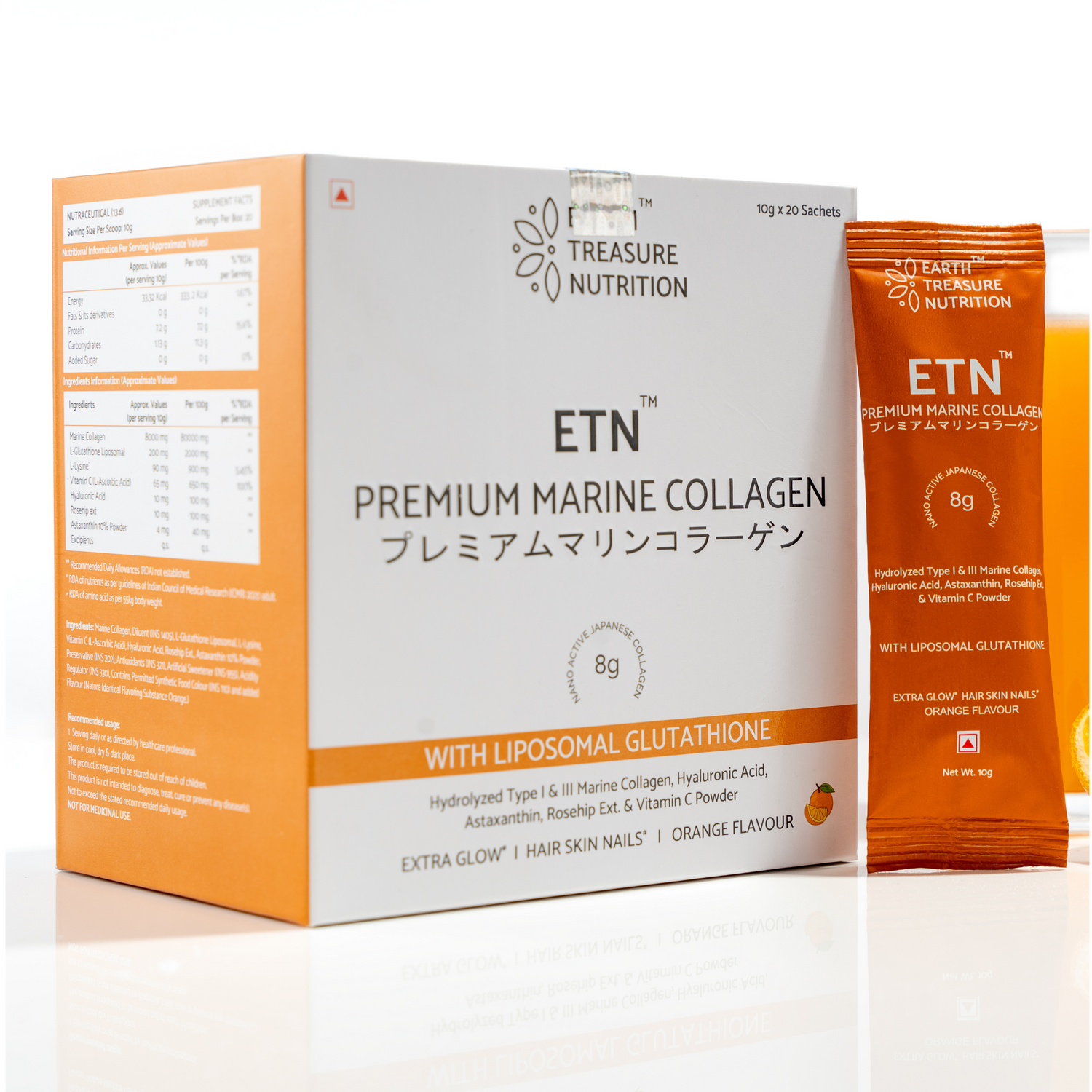 Earth Treasure Nutrition ETN Premium Marine Japanese Collagen Supplements | 8g Nano-Active Collagen Powder for Men &amp; Women | Enhanced Absorption with Liposomal Glutathione &amp; Astaxanthin. for Skin, Hair, Nails &amp; Joint Health